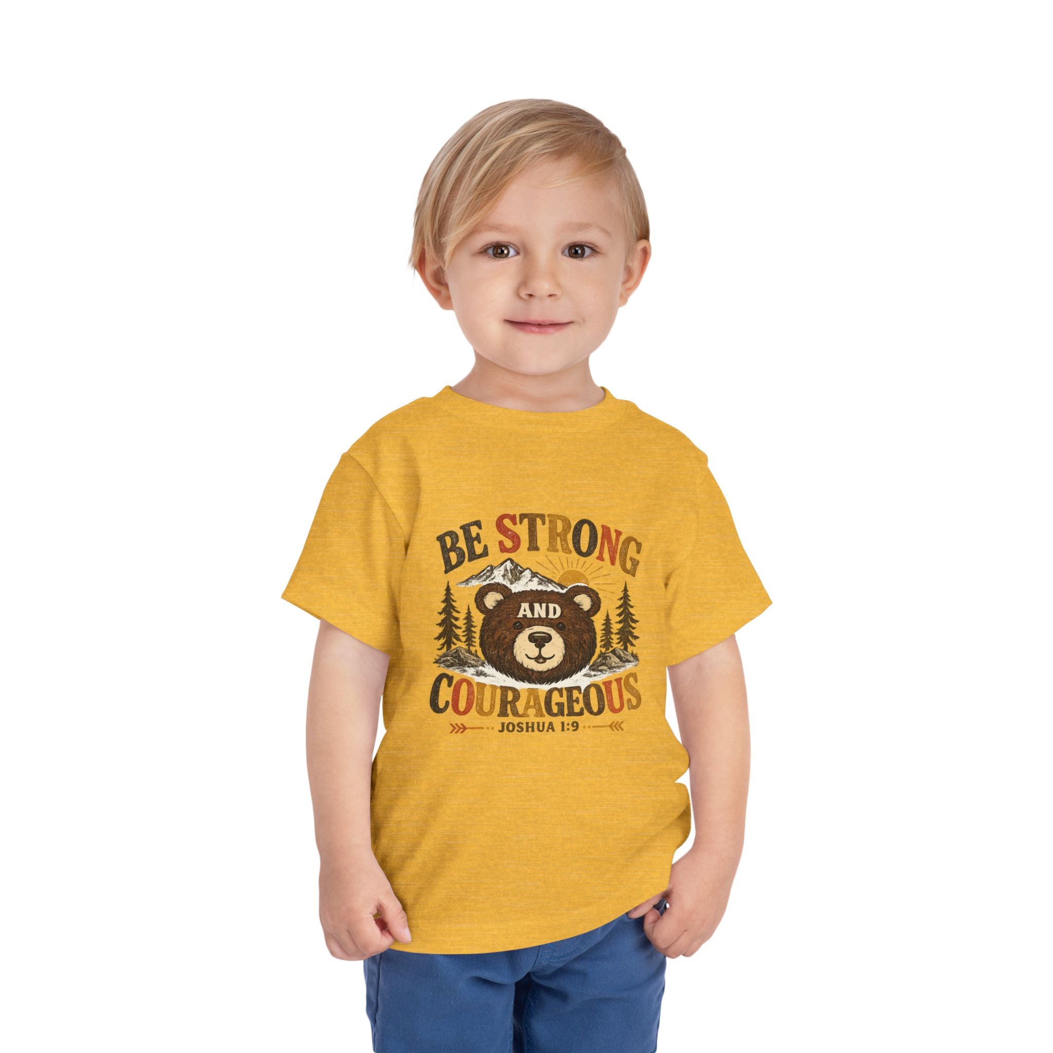 Be Strong and Courageous Toddler Tee — Cute Bear Joshua 1:9 Bible Shirt